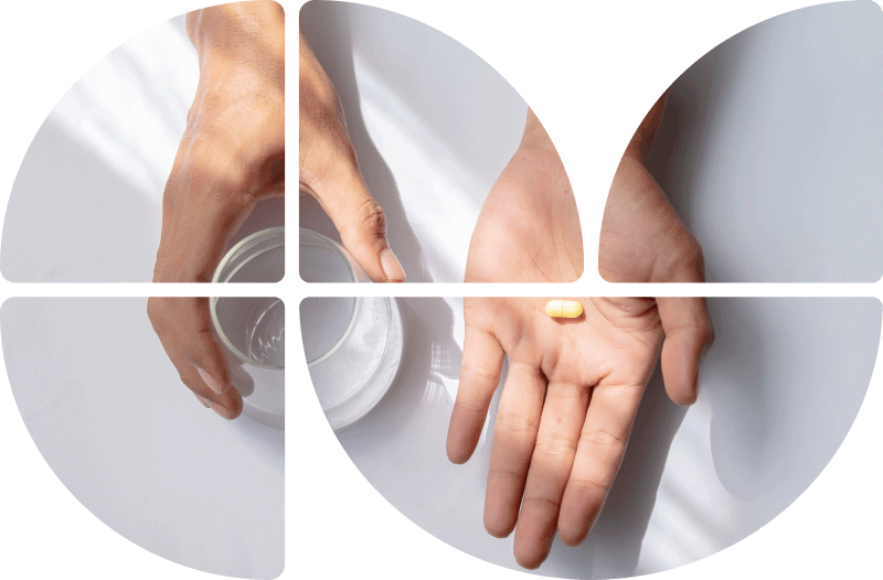 Tablette auf Hand und ein Wasserglas